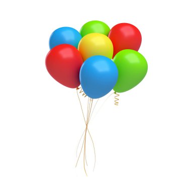 birçok renkli balon 3D render bir dize ile birlikte bağlı. Hediyeler ve selamlar.