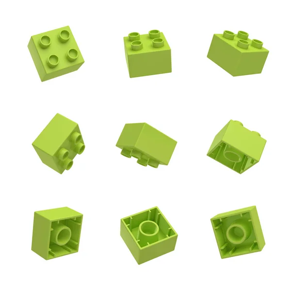 Representación 3d de muchos bloques de juguetes verdes que cuelgan en el aire y se muestran desde todos los lados . — Foto de Stock