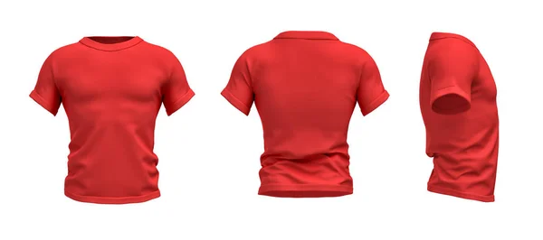 3d representación de una camiseta roja en forma de un torso masculino realista en la vista frontal, lateral y trasera . — Foto de Stock