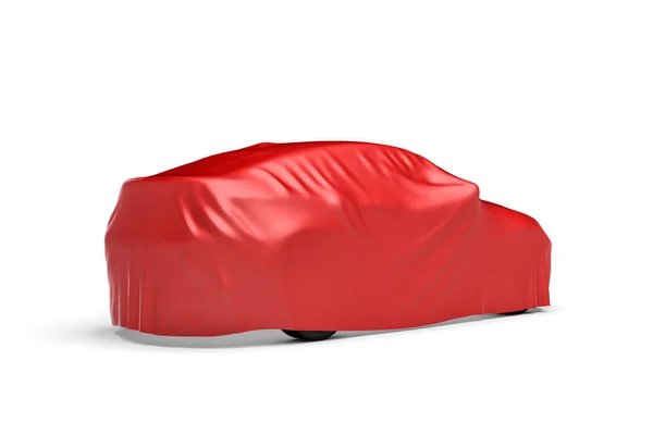 Representación 3d de un coche cubierto por tela roja — Foto de Stock