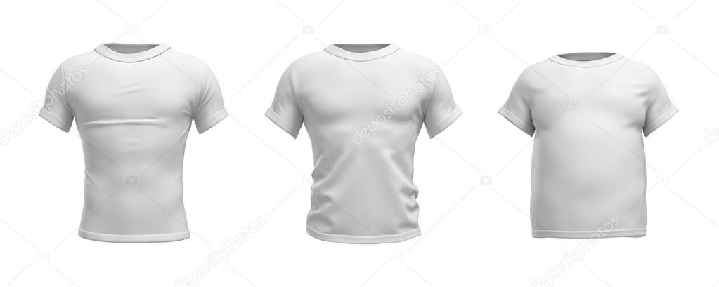 3d rendering of a white T-shirt in realistic slim, muscular and fat shape in front view on white background.