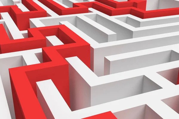 3d rendering of a white square maze in close up view with a red arrowed line showing the solution on white background.