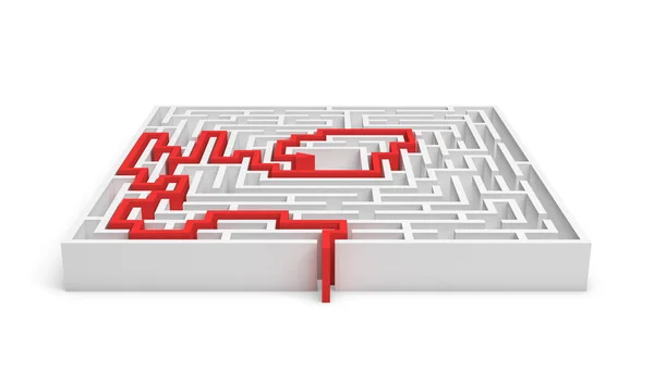 3 weergave van witte vierkante labirynth met een rode lijn tonen het ware pad om af te sluiten geïsoleerd op witte achtergrond — Stockfoto