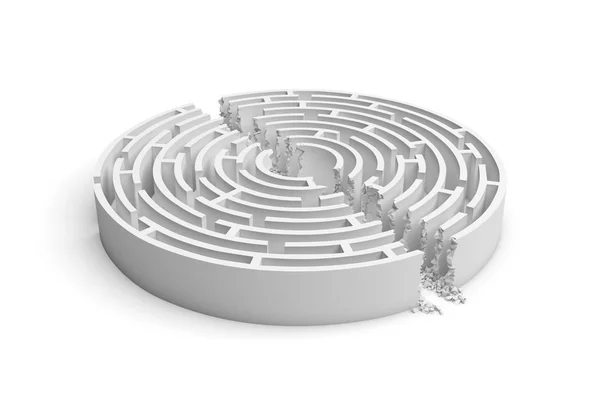 3d rendu d'un labyrinthe rond blanc avec ses murs cassés par une ligne droite de grondement divisant le labyrinthe en deux . — Photo