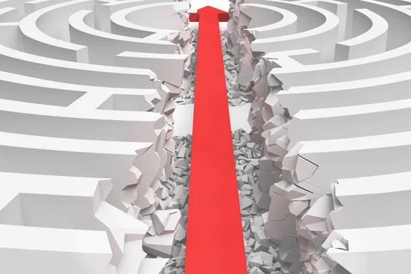 3d rendering of a white round maze in side view divided in half by a red arrow line. — Stock Photo, Image