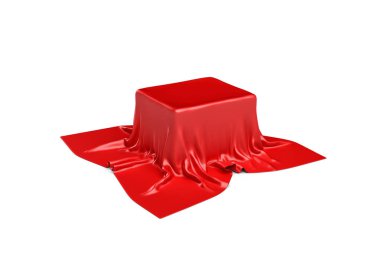 3D Render kırmızı saten giyim bir parça beyaz arka plan üzerinde izole bir kutusunu gizlemek olasıdır
