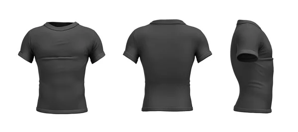 Representación 3d de una camiseta negra en forma delgada realista en vista lateral, frontal y posterior sobre fondo blanco . — Foto de Stock