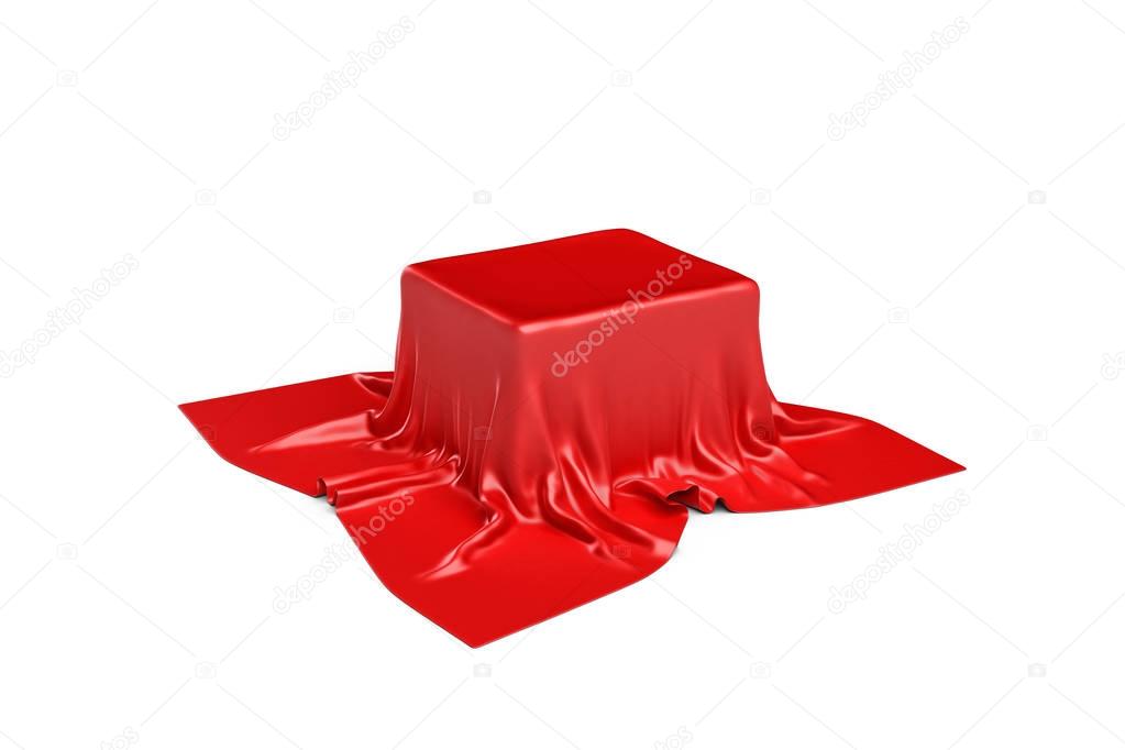 3d rendering of a piece of red satin clothes is likely to hide a box isolated on white background