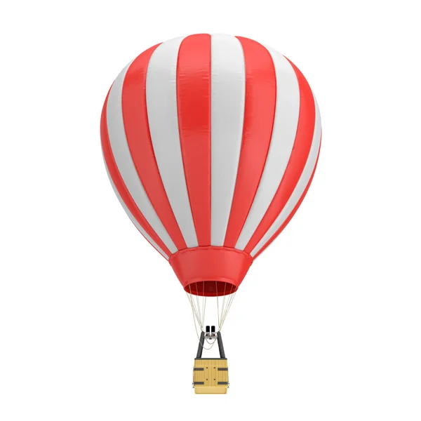 3d renderização de um balão de ar quente vermelho e branco com uma cesta no fundo branco . — Fotografia de Stock