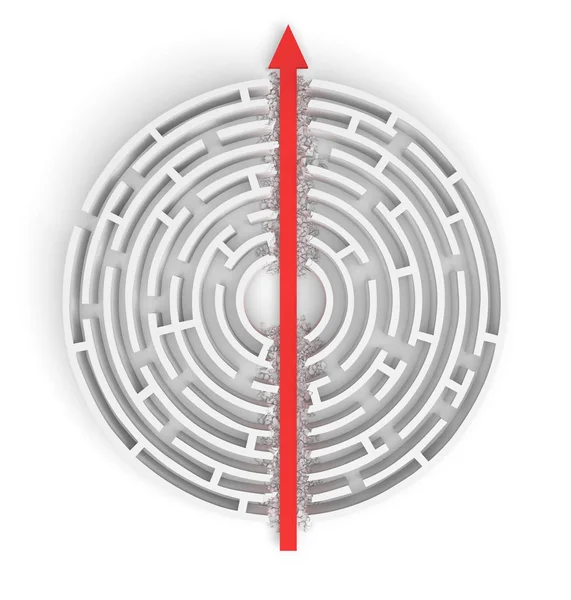 3d rendering of a white round maze in side view divided in half by a red arrow line. — Stock Photo, Image