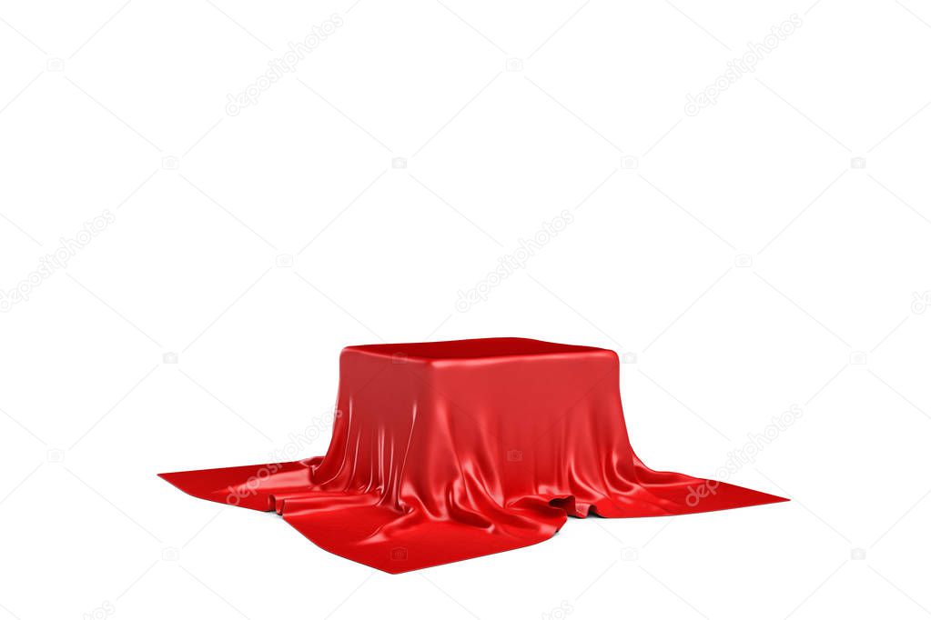 3d rendering of a piece of red satin clothes is likely to hide a box isolated on white background