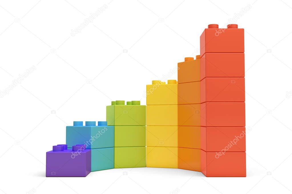 3d rendering of multi-colored toy blocks making up spiral stairs.