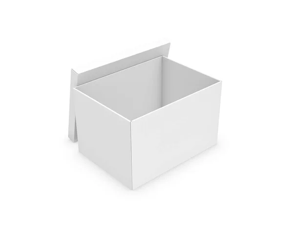 3d rendu d'une boîte rectangle blanche avec un couvercle appuyé sur le côté sur fond blanc . — Photo