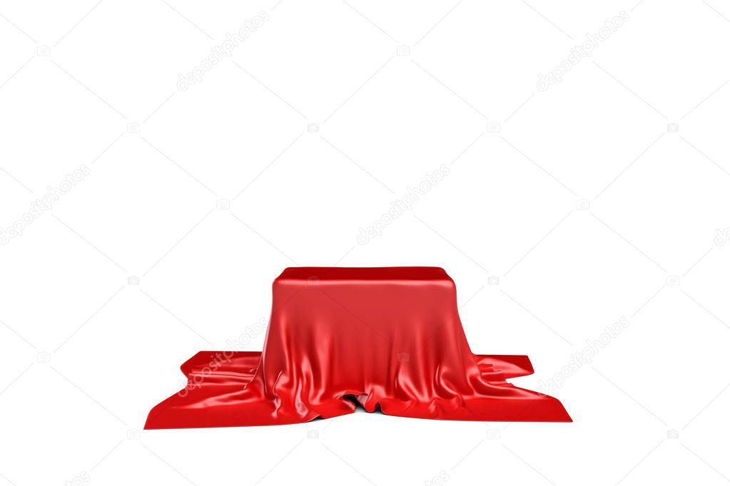 3d rendering of a piece of red satin clothes is likely to hide a box isolated on white background