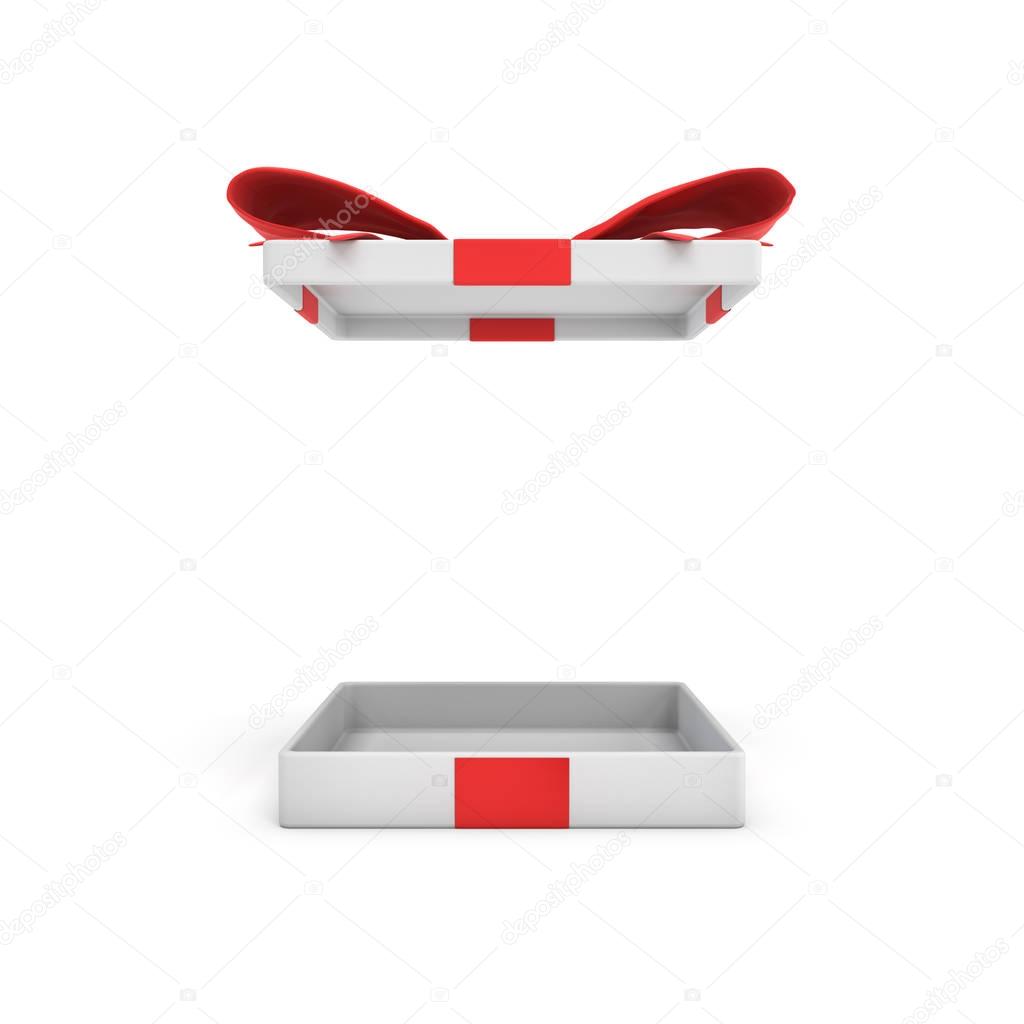 3d rendering of a white flat gift box with a red bow on white background with opened lid hanging high above.