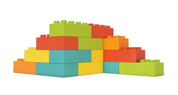 3D-weergave van multi-gekleurde speelgoed bakstenen maken van dubbelzijdige trap op witte achtergrond. — Stockfoto