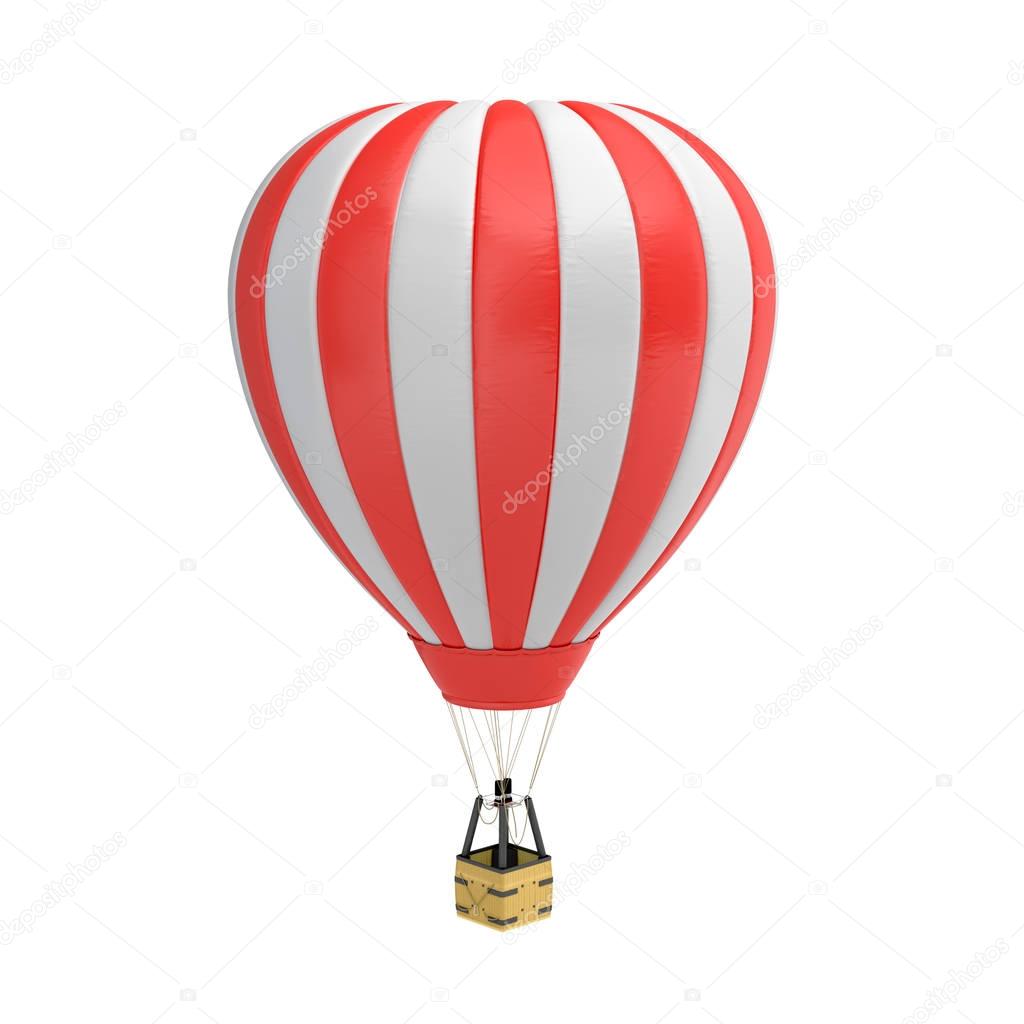 3d rendering of a red and white hot air balloon with a basket on white background.