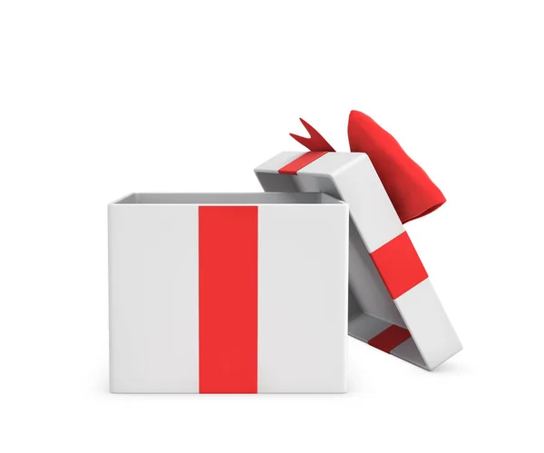 3D-Darstellung einer weißen, offenen Geschenkschachtel mit roter Schleife auf weißem Hintergrund. — Stockfoto