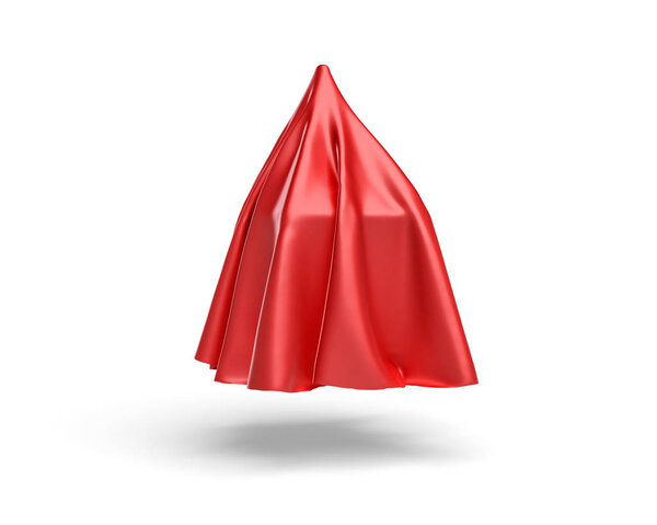 3d rendering of a piece of red satin clothes is going to reveal a box isolated on white background