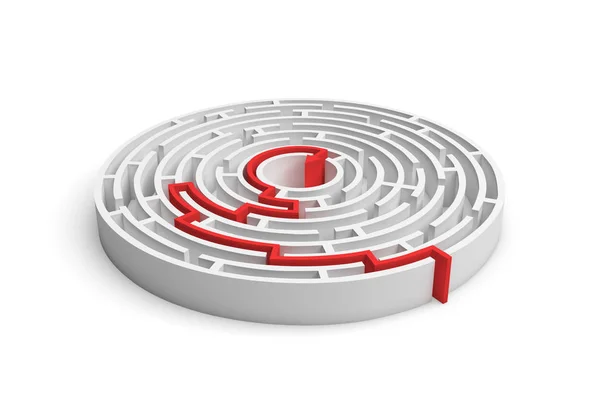3d representación de un laberinto redondo blanco con una línea roja flechada que muestra la salida . —  Fotos de Stock