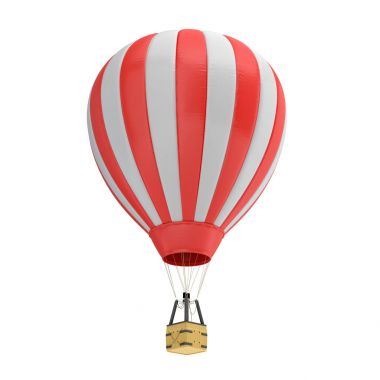 beyaz zemin üzerine kırmızı ve beyaz sıcak hava balonu bir sepet ile 3D render.