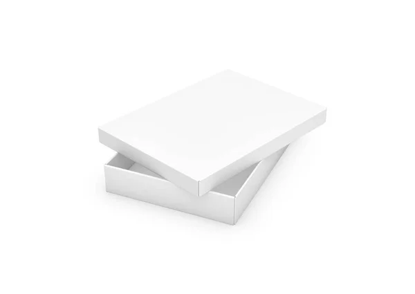 3d rendering of a very slim rectangle box with a lid lying unevenly on top, all white in side view. — Stock Photo, Image