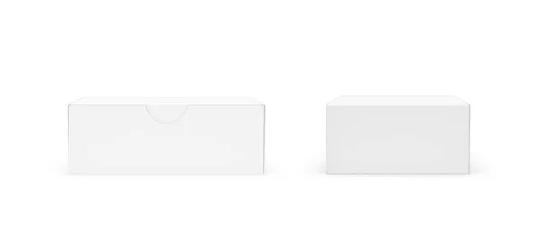 3d rendering of a white rectangular box with a closed attached lid in front and back views on white background. — Stock Photo, Image