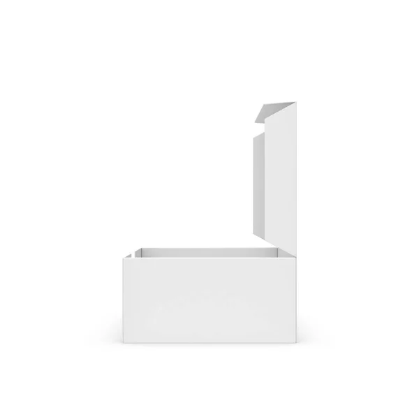 Τρισδιάστατη απεικόνιση του ένα λευκό ορθογώνιο κουτί με ένα ανοιγμένο επισυνάπτεται καπάκι σε λευκό φόντο. — Φωτογραφία Αρχείου
