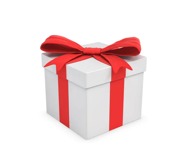 3d rendering of a white gift box tied with a red bow on white background. — Stock Photo, Image