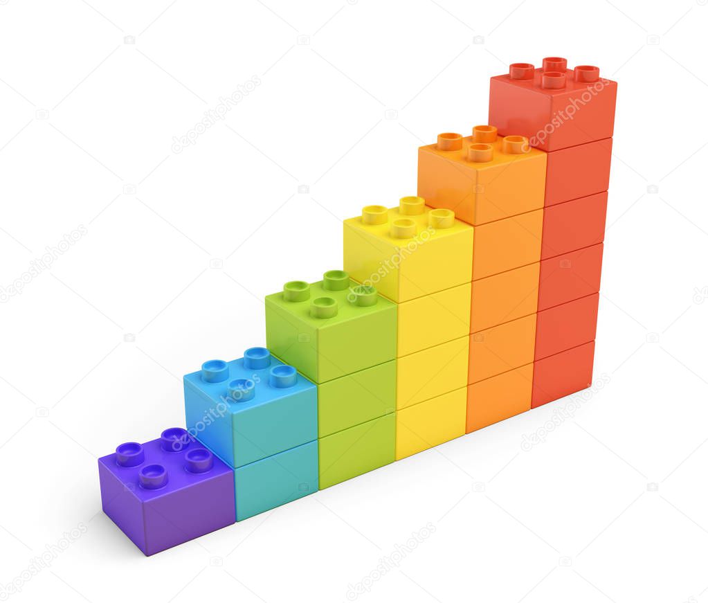 3d rendering of colorful stairs made of many bricks on white background.