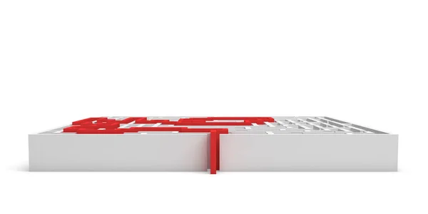 3d renderização de um labirinto quadrado branco com uma linha de seta vermelha mostrando a solução no fundo branco . — Fotografia de Stock