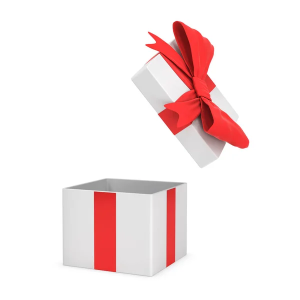 Rendu 3d d'une boîte cadeau ouverte blanche attachée avec un arc rouge sur fond blanc . — Photo