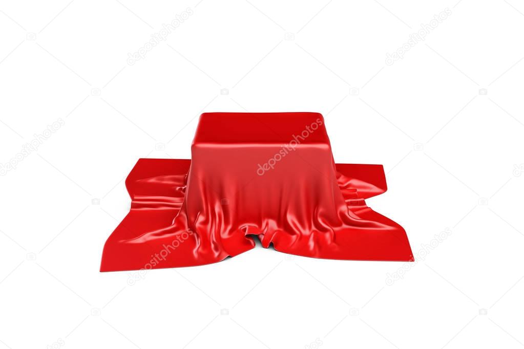 3d rendering of a box covered by red cloth in front view. Ads and promotion.