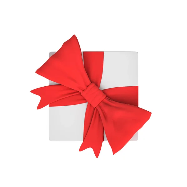 3d rendering of a white gift box tied with a red bow on white background in top view — Stock Photo, Image