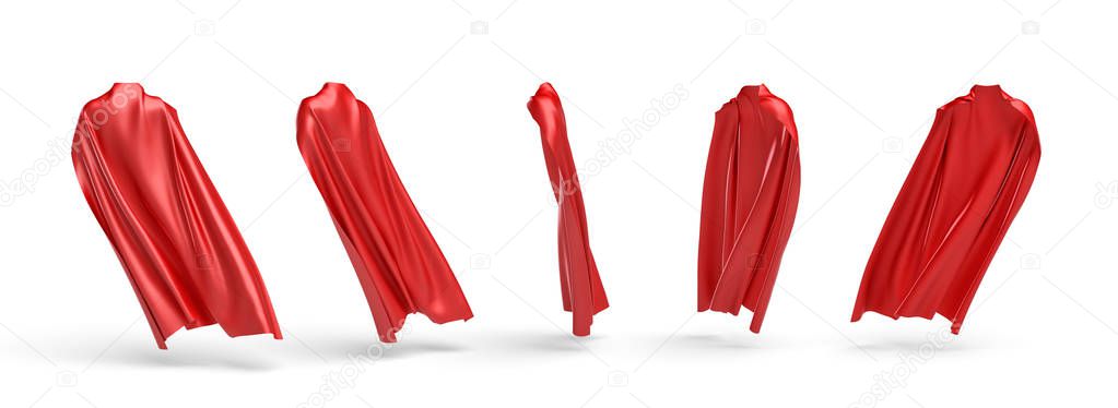 3d rendering of a five types of view of a cape made from a red satin clothes isolated on white background