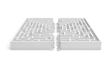 3d rendering of a white maze in front bottom view cut in straight line in half with rubble on the edges. clipart