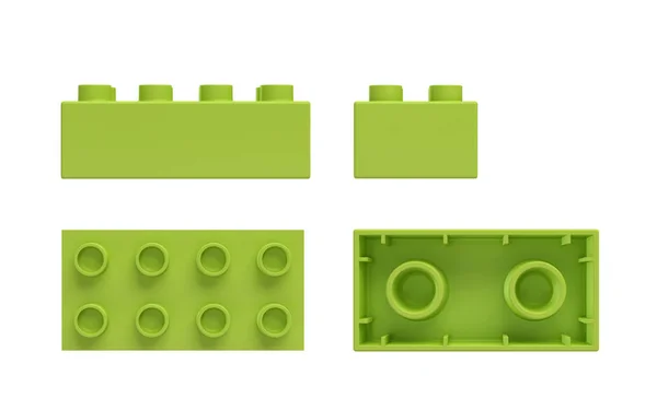 3d rendering of a green toy block shown from side, front and bottom view. — Stock Photo, Image