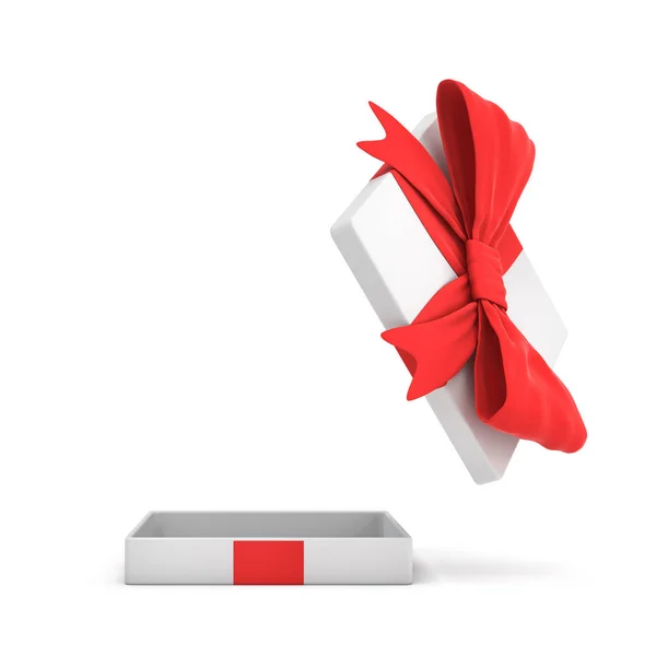 열린된 뚜껑 매달려 높이와 흰색 바탕에 붉은 활과 흰색 플랫 선물 상자의 3d 렌더링. — 스톡 사진