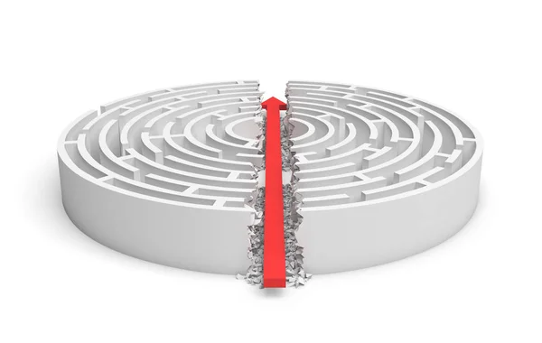 3d renderização de um labirinto redondo branco na vista lateral dividida ao meio por uma linha de seta vermelha . — Fotografia de Stock