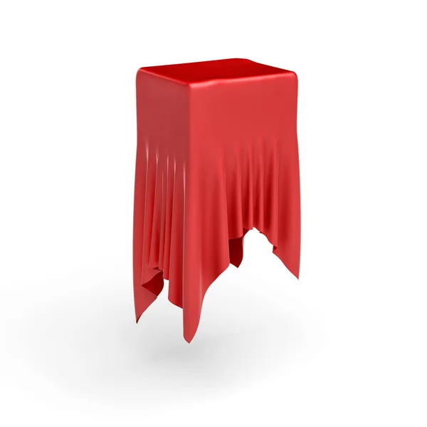 3D-rendering av en bit av röda satin kläder gömmer sig en låda på mitten isolerad på vit bakgrund — Stockfoto