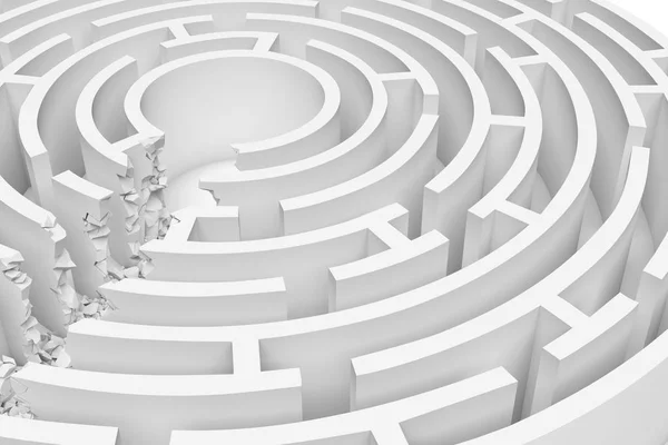 Rendering 3d di un labirinto rotondo bianco con un percorso diretto tagliato a destra al centro in vista da vicino — Foto Stock