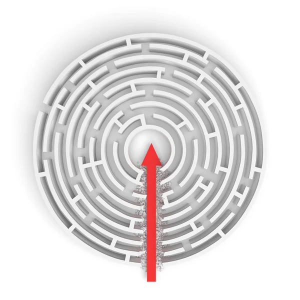 Rendering 3d di un labirinto rotondo con una freccia rossa presa in prestito al centro isolato su sfondo bianco — Foto Stock