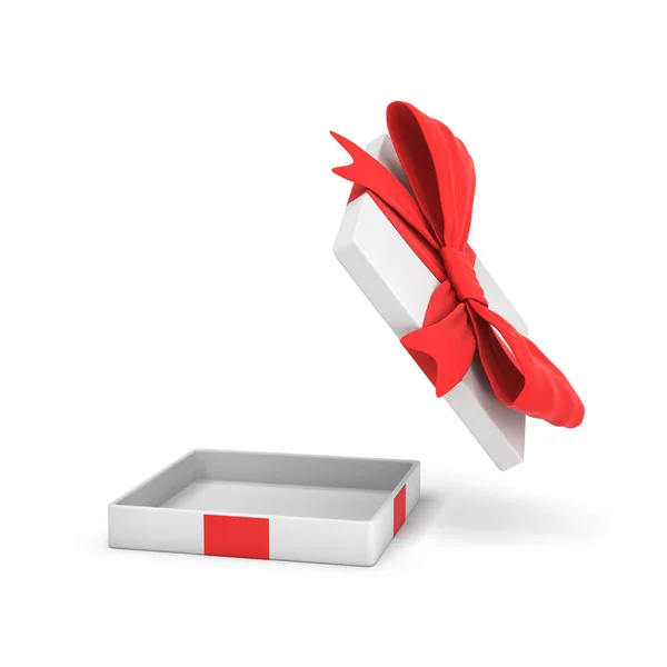 3d representación de una caja de regalo plana blanca con un lazo rojo sobre fondo blanco con tapa abierta colgando alto arriba . — Foto de Stock