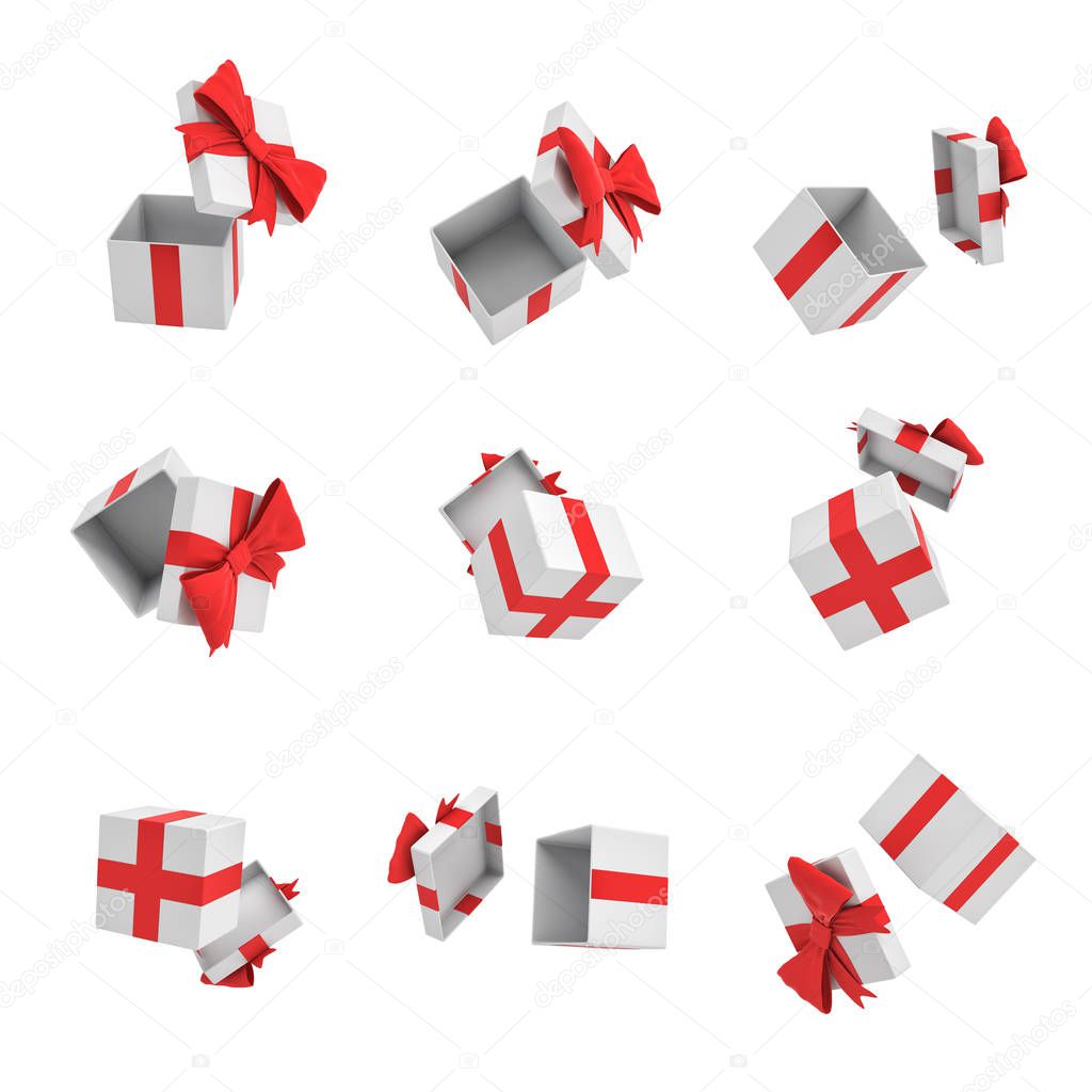 3d rendering of many white gift boxes with open cover and a red bow flying on white background.