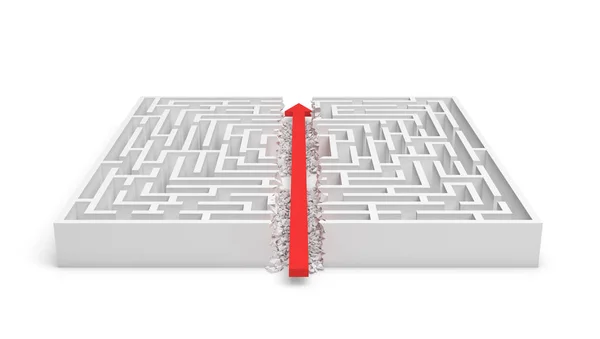 3d rendering of a white square maze in side view divided in half by a red arrow line. — Stock Photo, Image