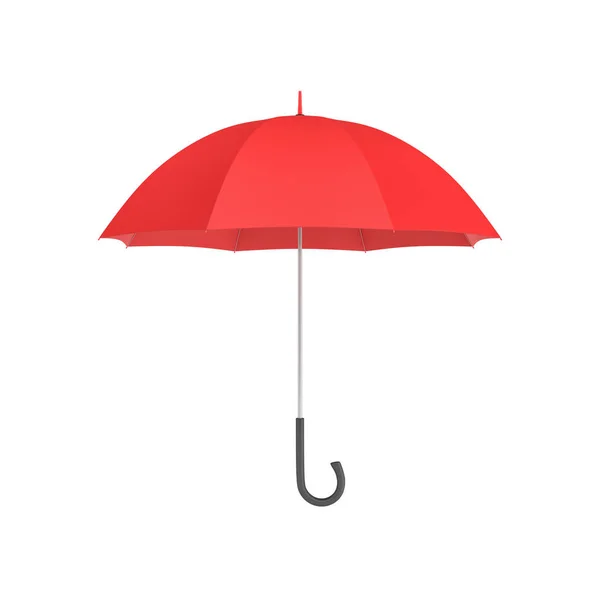 3D-Darstellung eines offenen roten Schirms mit schwarzem gebogenem Griff isoliert auf weißem Hintergrund. — Stockfoto