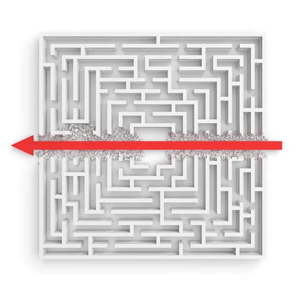 3d representación de un laberinto cuadrado blanco en vista lateral dividido por la mitad por una línea de flecha roja . —  Fotos de Stock