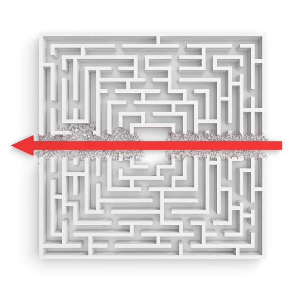 3d rendering of a white square maze in side view divided in half by a red arrow line.