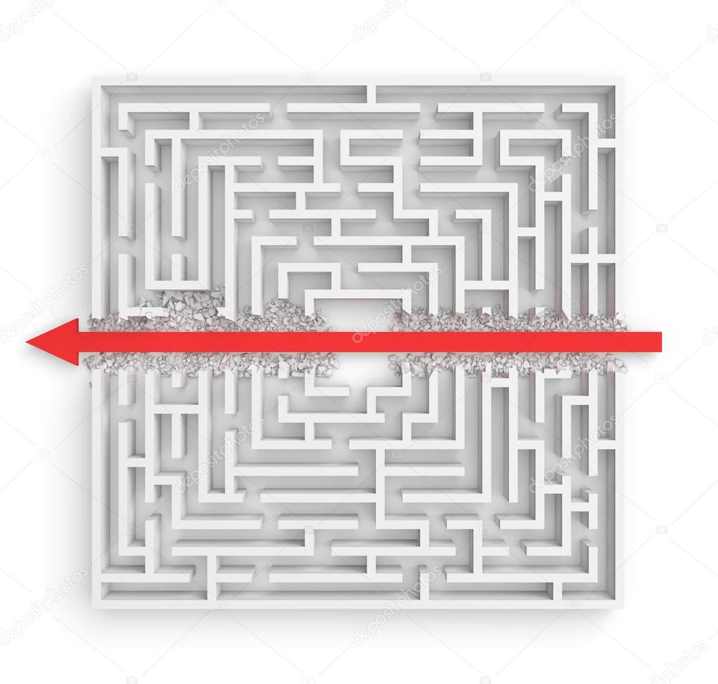 3d rendering of a white square maze in side view divided in half by a red arrow line.