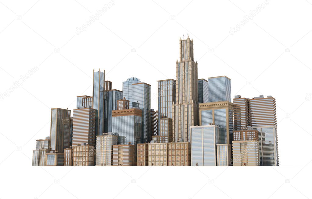 3d rendering of a city landscape with office buildings and skyscrapers isolated on white background.